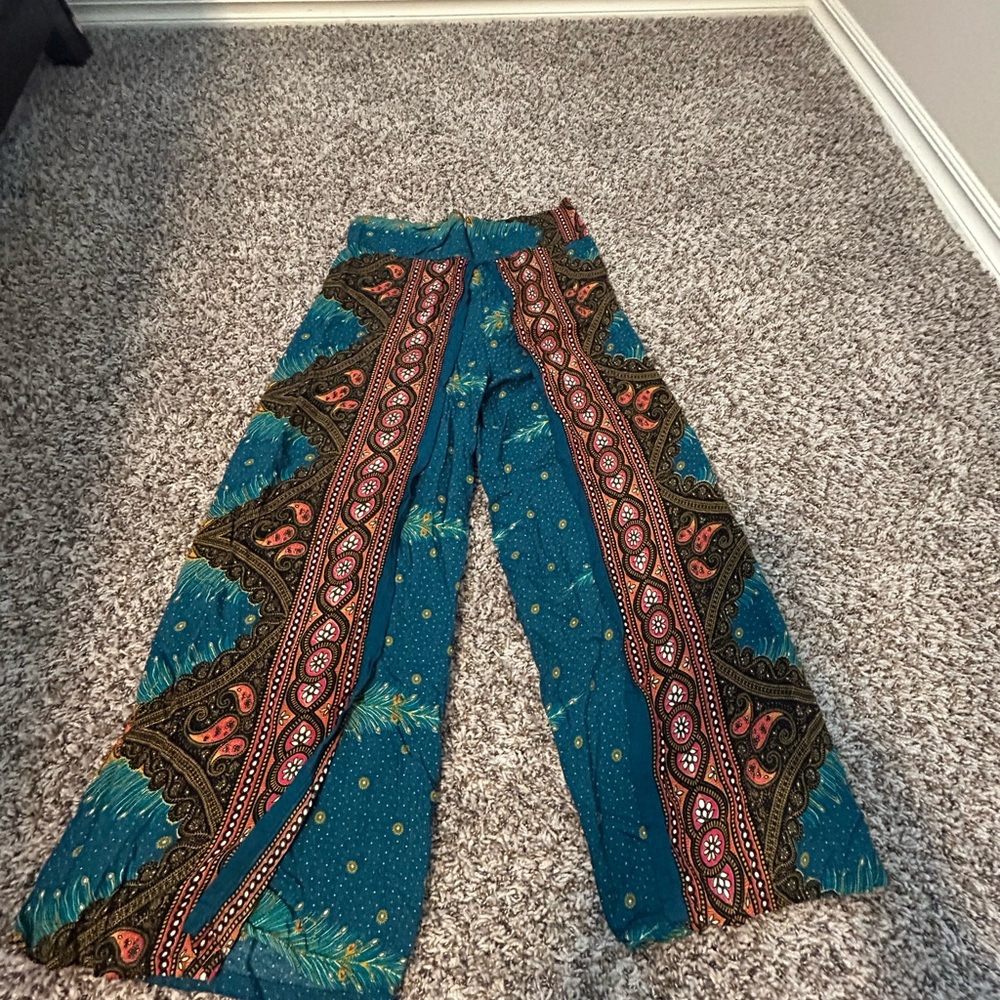 Bohemian Teal and Brown Wide-Leg Pants